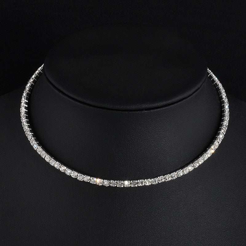 Women Diamante Rhinestone Choker Necklace Silver Color Wedding Bridal Party Crystal Collar Choker Chain Necklace Jewelry