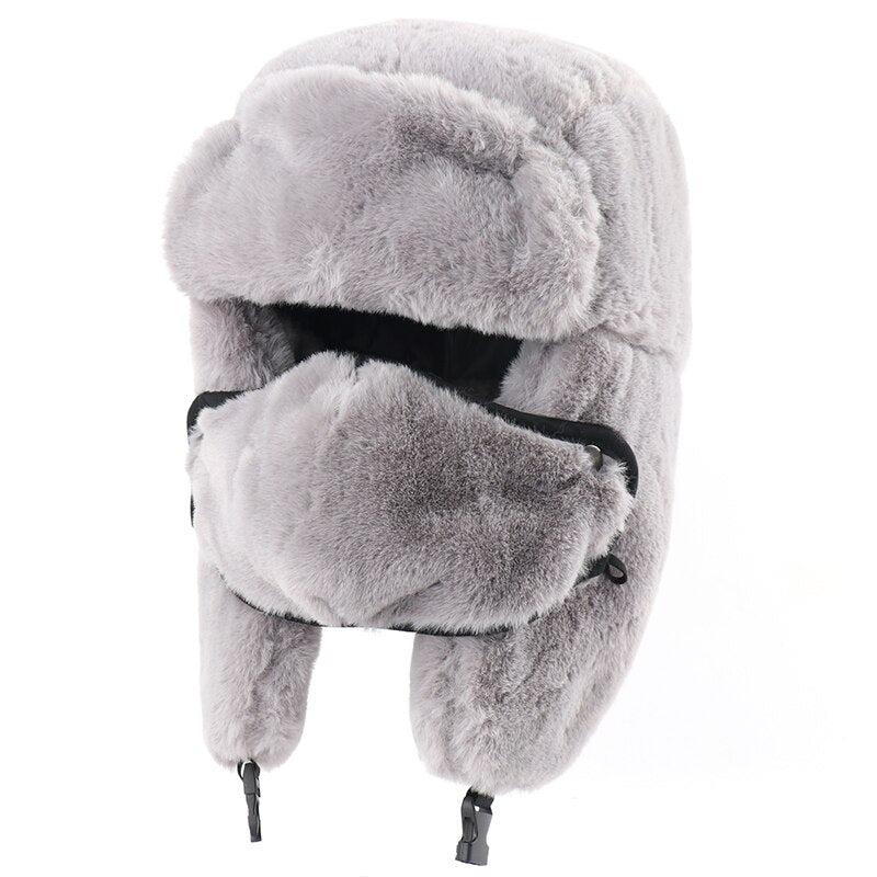 Winter Thermal Faux Rabbit Fur Bomber Hats Women Men Winter Hat Face Neck Earflap Snow Caps