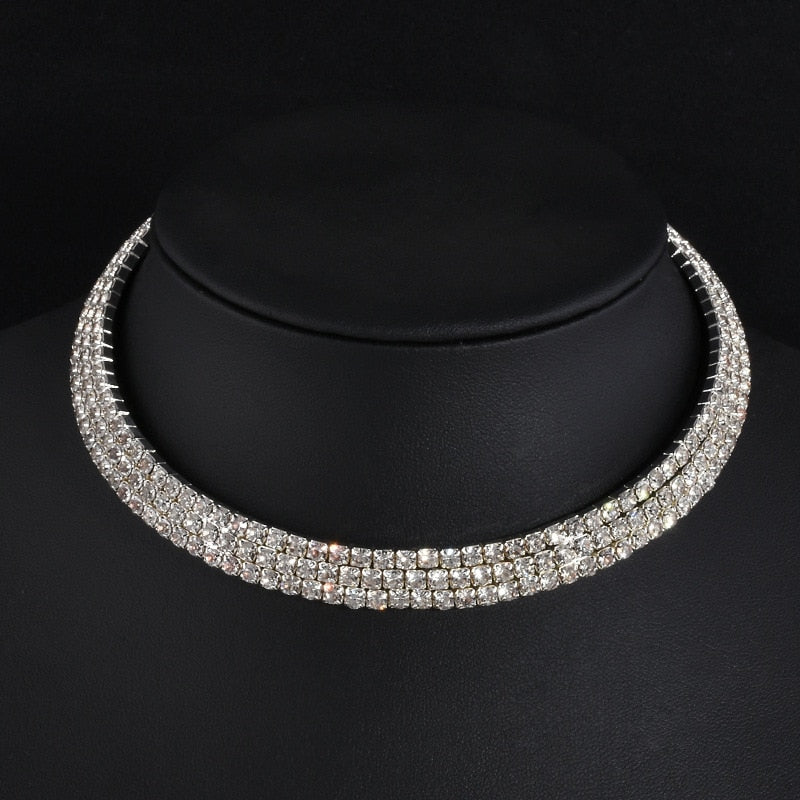 Women Diamante Rhinestone Choker Necklace Silver Color Wedding Bridal Party Crystal Collar Choker Chain Necklace Jewelry