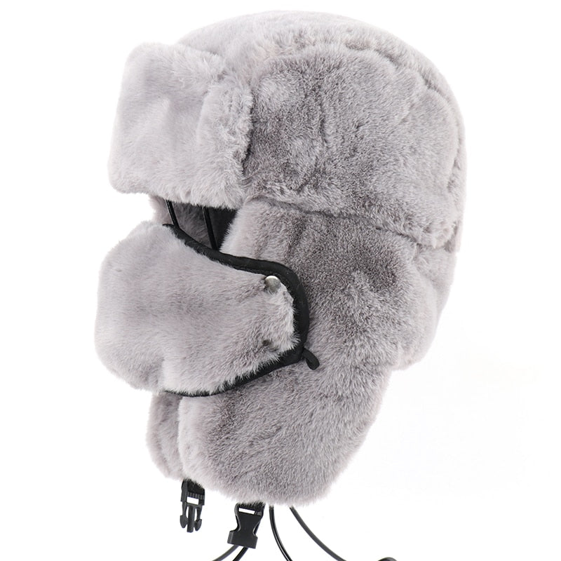 Winter Thermal Faux Rabbit Fur Bomber Hats Women Men Winter Hat Face Neck Earflap Snow Caps