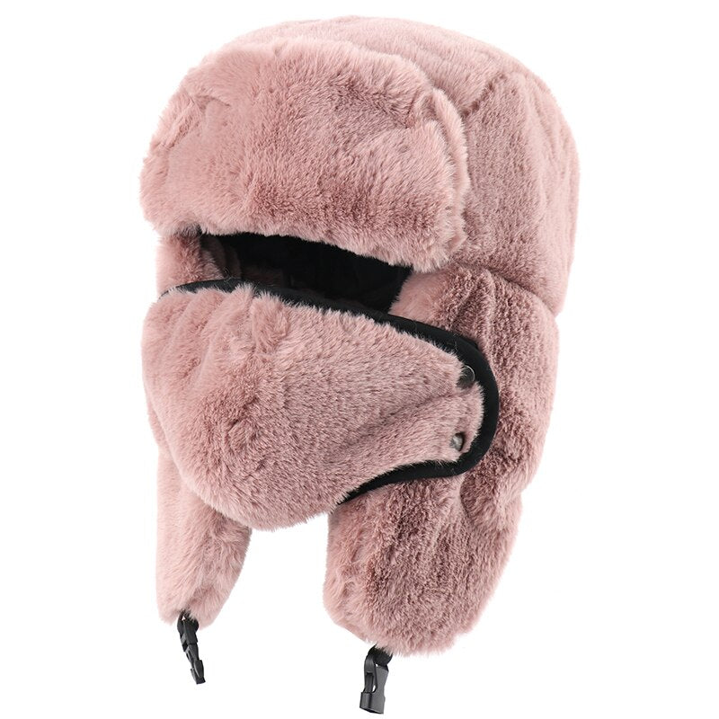 Winter Thermal Faux Rabbit Fur Bomber Hats Women Men Winter Hat Face Neck Earflap Snow Caps