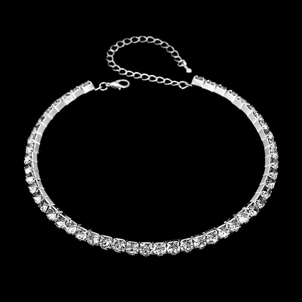 Women Diamante Rhinestone Choker Necklace Silver Color Wedding Bridal Party Crystal Collar Choker Chain Necklace Jewelry