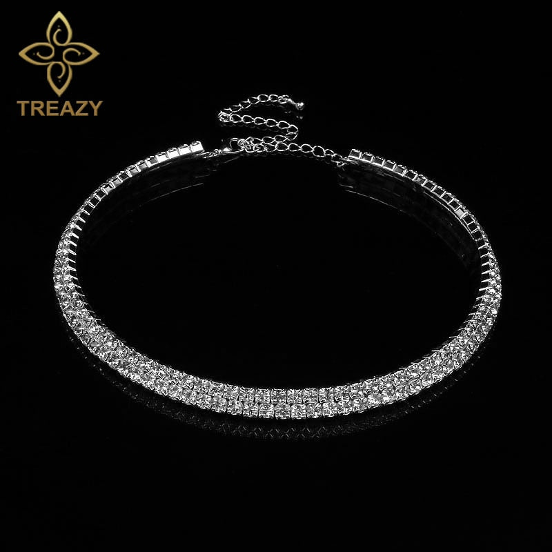 Women Diamante Rhinestone Choker Necklace Silver Color Wedding Bridal Party Crystal Collar Choker Chain Necklace Jewelry