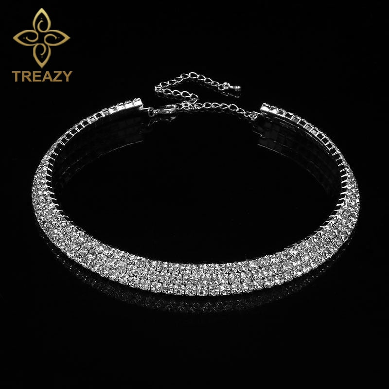 Women Diamante Rhinestone Choker Necklace Silver Color Wedding Bridal Party Crystal Collar Choker Chain Necklace Jewelry