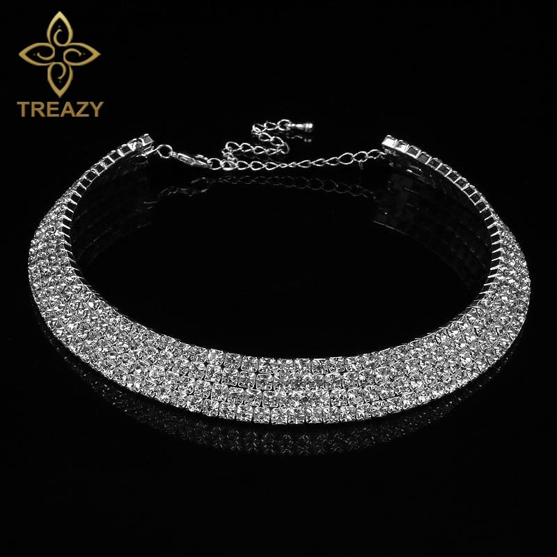 Women Diamante Rhinestone Choker Necklace Silver Color Wedding Bridal Party Crystal Collar Choker Chain Necklace Jewelry