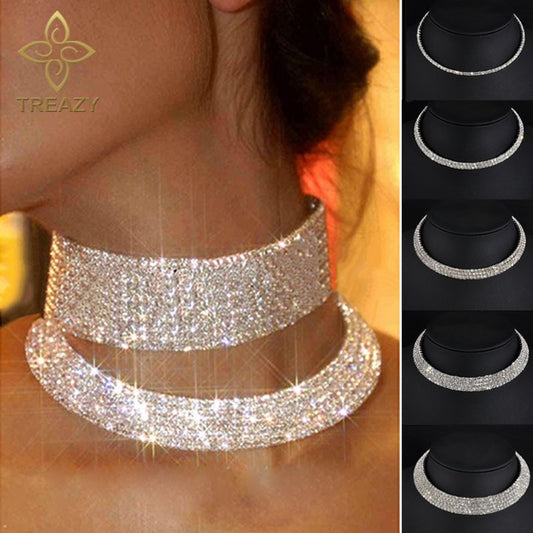 Women Diamante Rhinestone Choker Necklace Silver Color Wedding Bridal Party Crystal Collar Choker Chain Necklace Jewelry