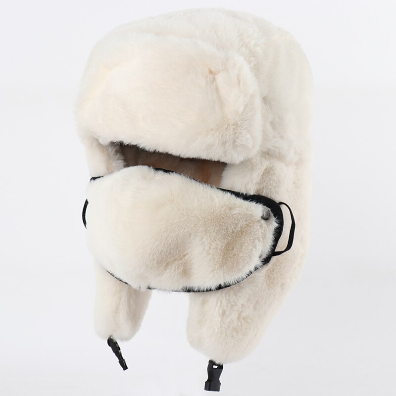 Winter Thermal Faux Rabbit Fur Bomber Hats Women Men Winter Hat Face Neck Earflap Snow Caps