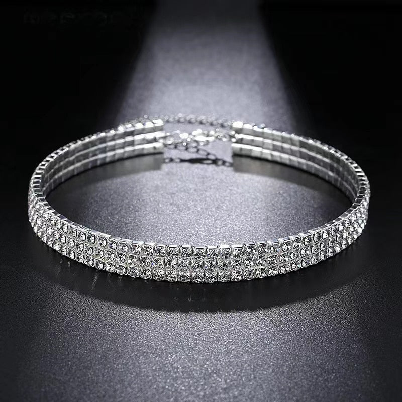 Women Diamante Rhinestone Choker Necklace Silver Color Wedding Bridal Party Crystal Collar Choker Chain Necklace Jewelry